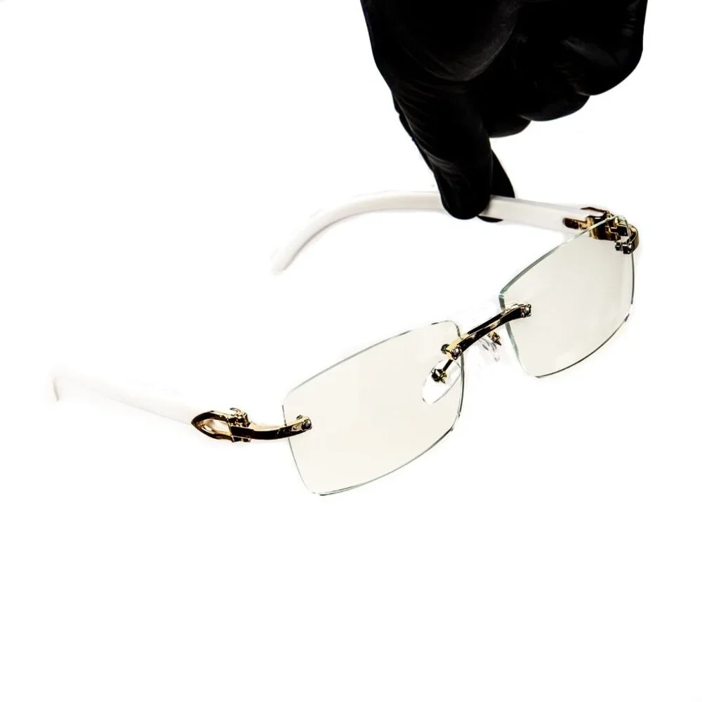 White Wood Grain Clear Lens Mens Gold Frame Rectangular Luxury Square Glasses